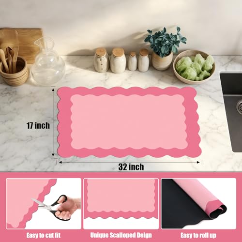Rose Pink Scalloped Coffee Mat for Countertop Coffee Bar Mat Matt