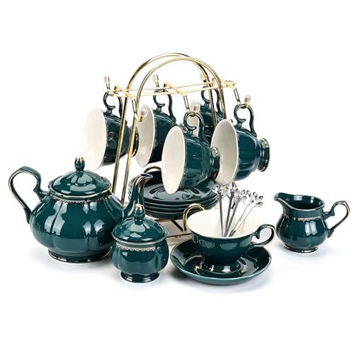 Tea Set 22 Piece Porcelain Ceramic Coffee Tea Sets Cups Saucer Service for 6 Teapot Sugar Bowl Creamer Pitcher and Teaspoons Porcelain Tea Set (22 Count)