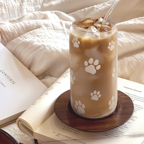 Paw Print 16oz Can Glass Tumbler with Acrylic Lid & Straw