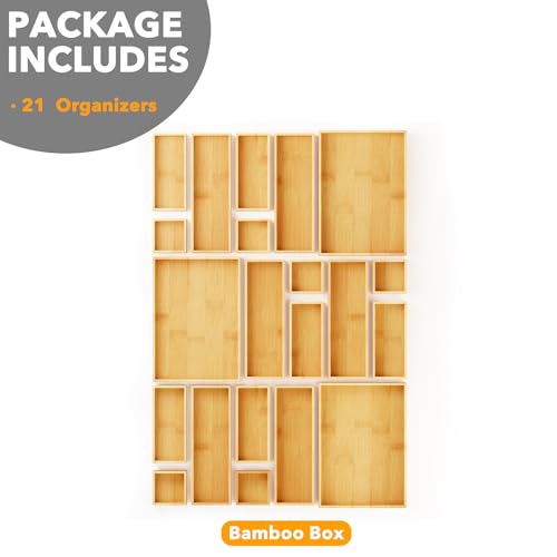 21 Piece Bamboo Drawer Organizer Storage Boxes Set