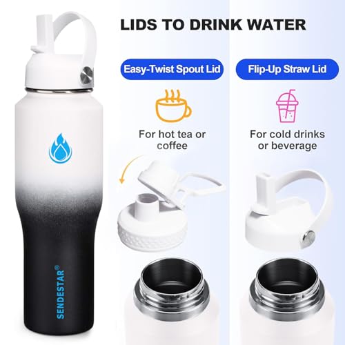 32oz Water Bottle Wide Mouth Stainless Steel Vacuum Insulated Double Wall with 2 Straw Lids Fit in Any Car Cup Holder