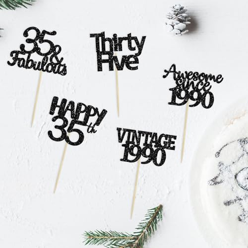30 Pack Vintage 1989 Cupcake Toppers Black Glitter Thirty Five Happy 35 Cake Decorations Cheers to 35 Years Birthday Cupcake Picks 35th Birthday Anniversary Cake Decorations (30 Count)