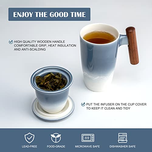 Tomotime Tea Cup with Infuser and Lid 400ml Ceramic Tea Mugs Smooth Inner Wall Wooden Handle 13.5 oz