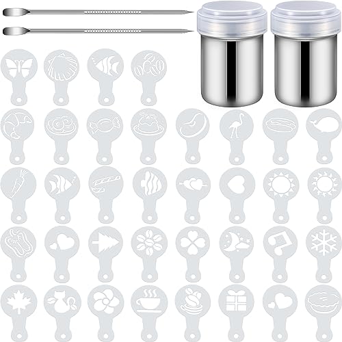 72 Pieces Coffee Decoration Stencils Latte Art Template Coffee Mold Tool with 2 Latte Art Pen 2 Dusting Jars Mesh Powder Shaker for Cake Cookie Decorating Oatmeal Cappuccino Hot Chocolate (72 Count)