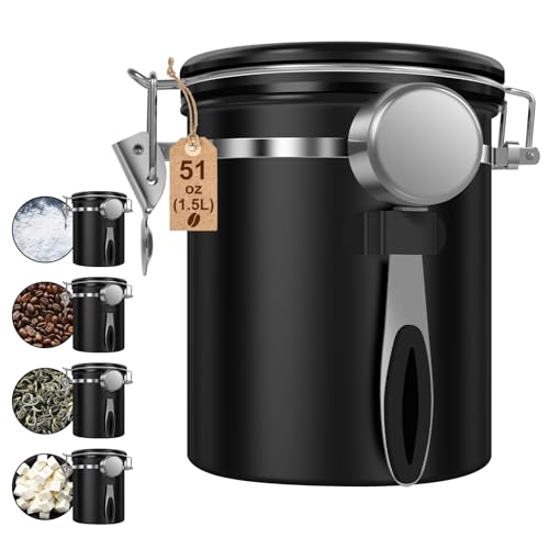 4PCS Coffee Storage Canister 1.5L 51OZ Double Airtight Coffee Beans Container with Date Locator 304 Stainless Steel Kitchen Food Storage Container with Spoon for Tea Sugar (4 Count)