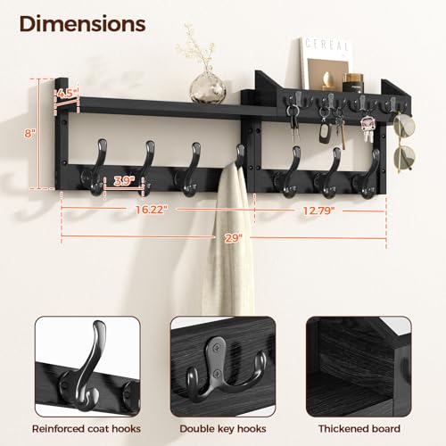 29" Coat Rack Wall Mount with Shelf & 11 Hooks