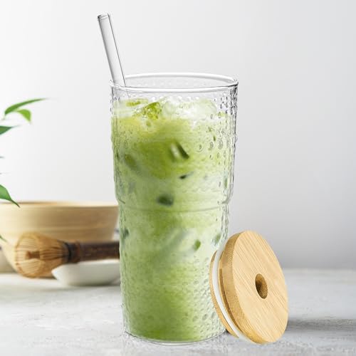 4 Pack 20oz Hobnail Drinking Glasses with Bamboo Lids and Glass Straw (2 Count)