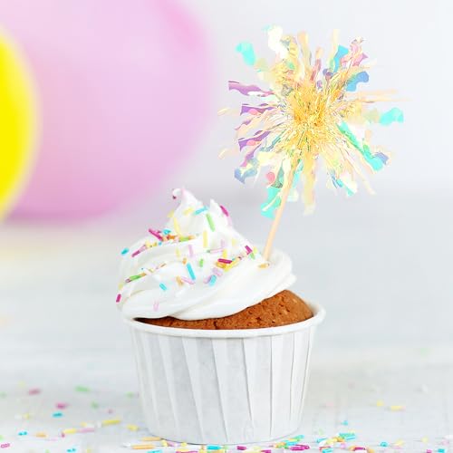 30 PCS Foil Firework Cupcake Toppers Sparkle Tinsel Cupcake Picks Happy Birthday Cake Decorations Drink Stirrers Cocktail Food Fruit Toothpicks for Baby Shower Graduation Party Supplies Yellow (30 Count)