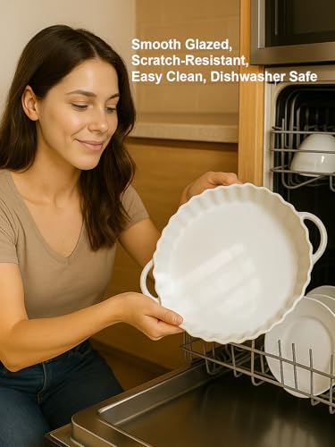 9×2in Deep Ceramic Pie Pan with Handles for Pie Quiche Tart Baking. Easy to grip