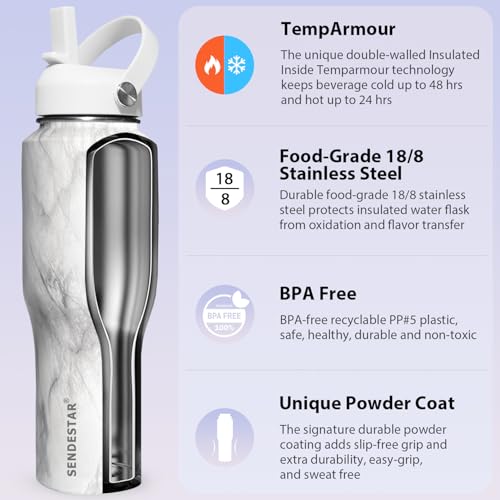 32oz Water Bottle Wide Mouth Stainless Steel Vacuum Insulated Double Wall with 2 Straw Lids Fit in Any Car Cup Holder