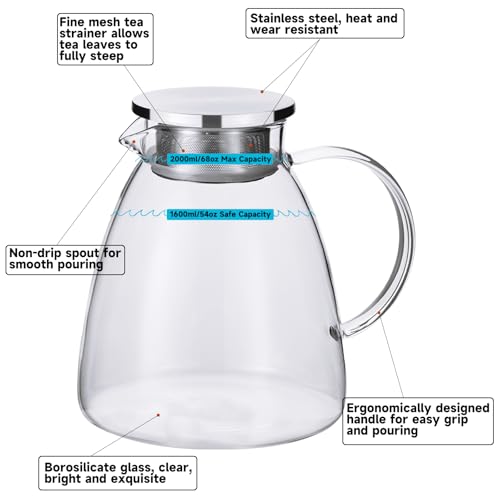 68OZ 2000ML One Touch Glass Teapot with Stainless Steel Filter Lid