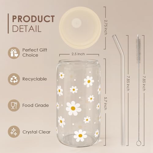 Daisy 16 Oz Can Glass Tumbler with Acrylic Lid and Straw