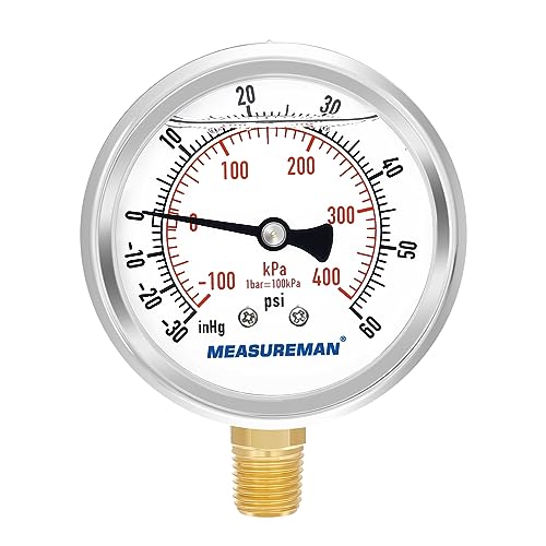 2-1/2" Dial Size, Glycerin Filled Pressure Gauge, 30inHG-60psi, 304 Stainless Steel Case, 1/4" NPT Lower Mount