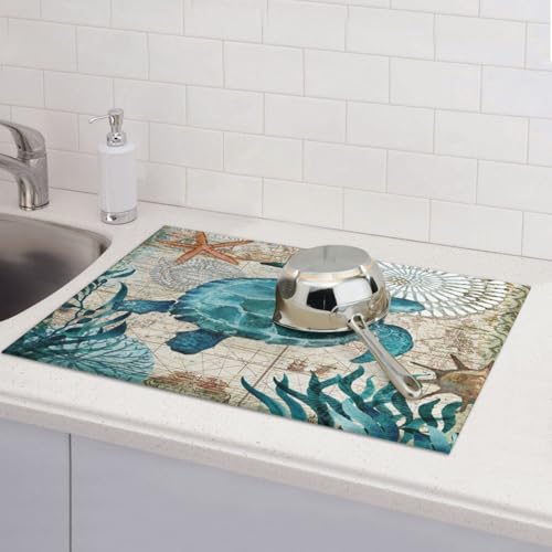 Ocean Sea Turtle Dish Drying Mat for Kitchen Counter 18x24 in