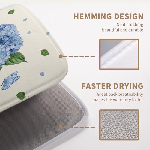 Spring Hydrangea Dish Drying Mats Spring Summer Floral Dish Mat Blue Flowers Butterfly Drying Matt Dishes Dryer Pad for Kitchen Counter Absorbent Microfiber Washable Foldable Reusable 18x24 in