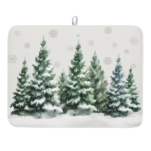 Winter Pine Tree Dish Drying Mat for Kitchen Counter 18x24 Inch Winter Decorative Dishes Mats Winter Absorbent Reversible Kitchen Drainer Pad Christmas Decorations Fast Dry Tableware Dishes Pad