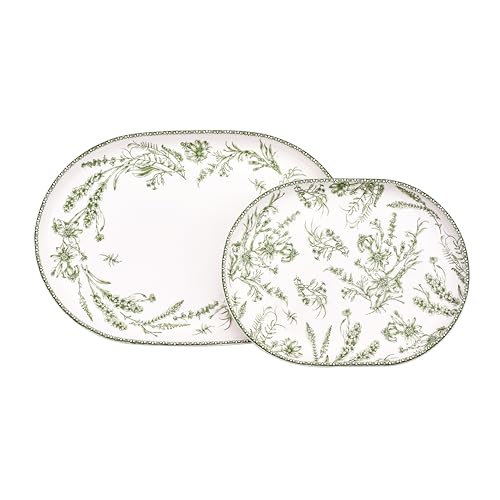 Green Garden Toile De Jouy 16 plus 12 inch Oval Platters Set (2 Count)