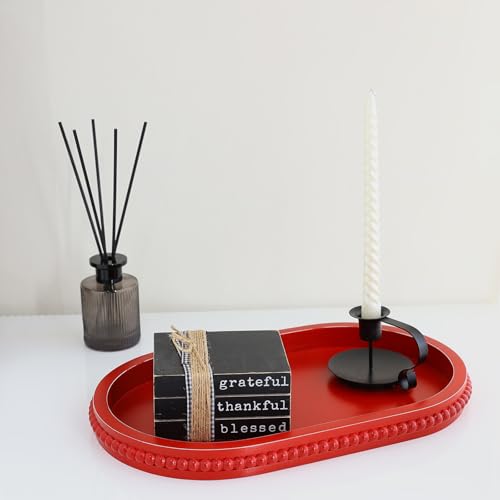 Red Oval Wood Decorative Ottoman Tray for Coffee Table