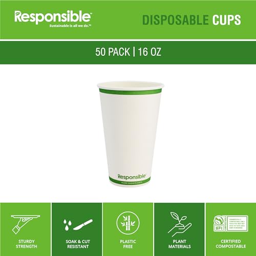 Certified Compostable 16 oz Paper Cups (50 Count)