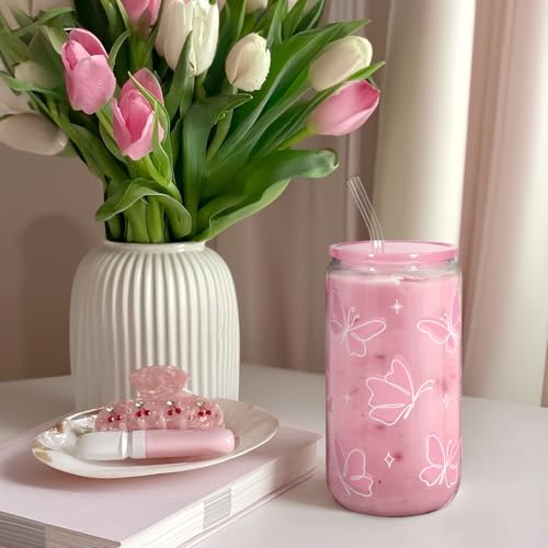 Butterfly 16 Oz Can Glass Tumbler with Acrylic Lid and Straw
