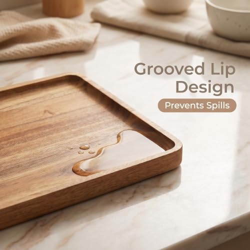 2 PCS Solid Acacia Wood Serving Trays Rectangular Wooden Serving Platters Natural Wooden Boards for Bar Coffee Party 13 * 9 inch (2 Count)