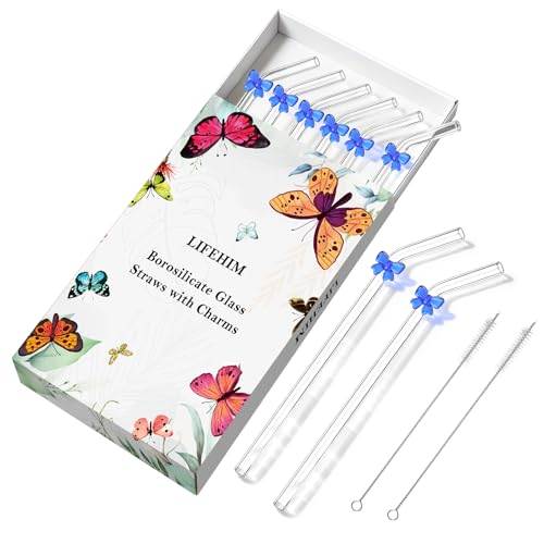 8 Pack Blue Bow Glass Straws with Charms (8 Count)