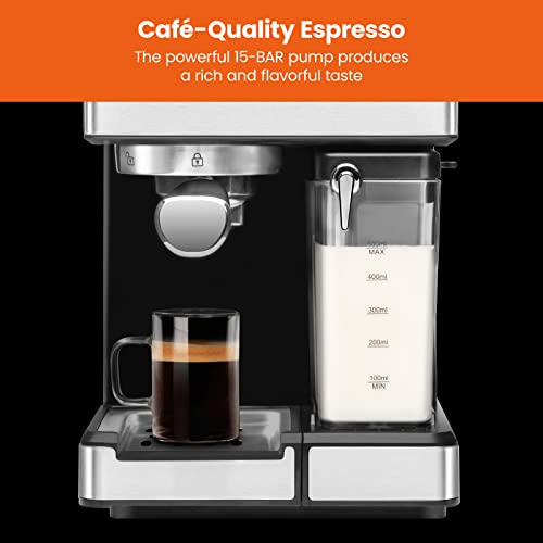 6-in-1 Espresso Machine with Built-In Milk Frother, 15-BAR Pump, Digital Display, One-Touch Single or Double Shot for Cappuccinos and Lattes, XL 1.8-L Water Reservoir, Stainless Steel