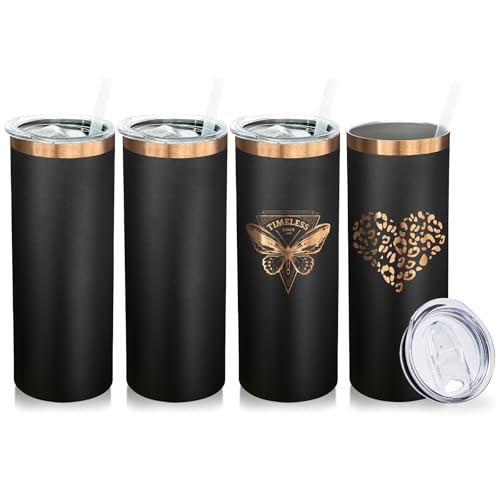 20 oz Skinny Tumblers Bulk with Lids and Straws Black (4 Count)