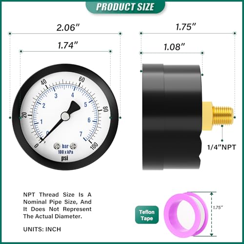 0 100PSI Well Pump Pressure Gauge 2" Dial Size