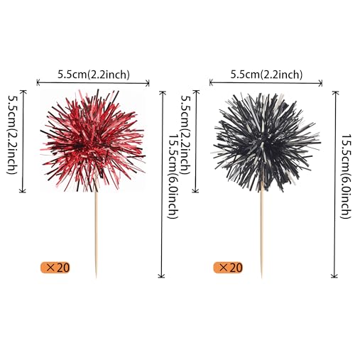 40 PCS Foil Firework Cupcake Toppers Sparkle Tinsel Cupcake Picks Fireworks Birthday Party Decorations Cocktail Fruit Toothpick for Birthday Wedding Graduation Party Decorations Supplies Black Red (40 Count)
