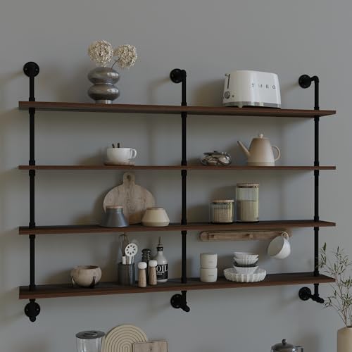 60 Inches Industrial Pipe Wall Shelves Pipe Shelving with Real Wood Plank