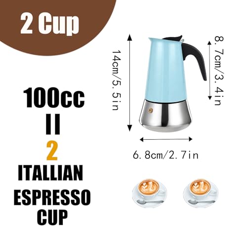 2 Cup Stovetop Espresso Maker Stainless Steel Moka Pot Stove Top Percolator Italian Coffee Makers Capable Mocha Greca Machine Cafe Classic Induction Cookers for Home and Camping 100ml 3.3oz