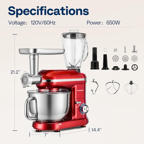 3-in-1 Stand Mixer, 6-Quart Tilt-Head Mixer, 10 Speeds, Red
