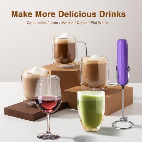 Ultra Fast Handheld Milk Frother Double Whisk with Stand 2 Batteries Stainless Steel for Lattes Cappuccino Matcha Hot Chocolate Coffee Bar Accessories Kitchen Gadgets Gift