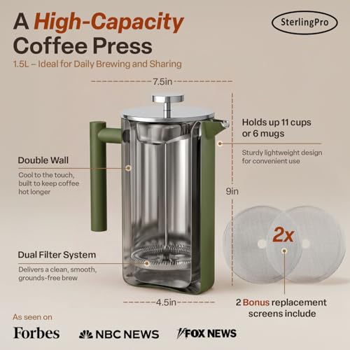 Non Toxic Large Insulated Stainless Steel French Press Coffee Maker 51oz Capacity