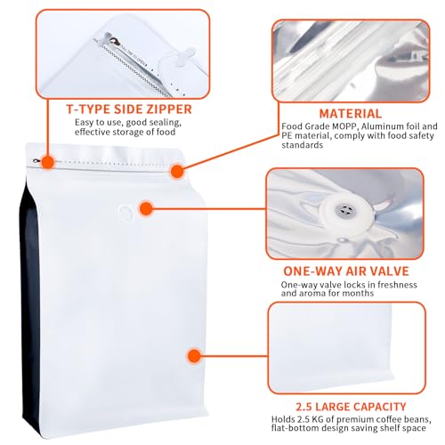 New 2.5 KG Large Capacity Coffee Bags with Valve (50 Count)