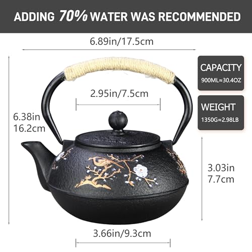 Cast Iron Teapot SECHUDO Teapot for Stovetop Safe Coated with Enameled Interior