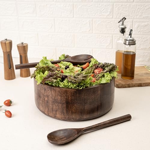 12" Dark Burnt Wooden Salad Bowl Set with Serving Utensils Eco