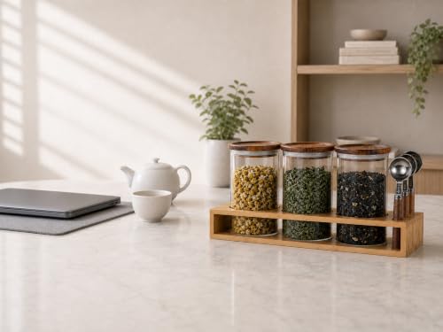 KKC HOME ACCNETS Glass Canister Set with Bamboo Rack & Scoops (5 Count)