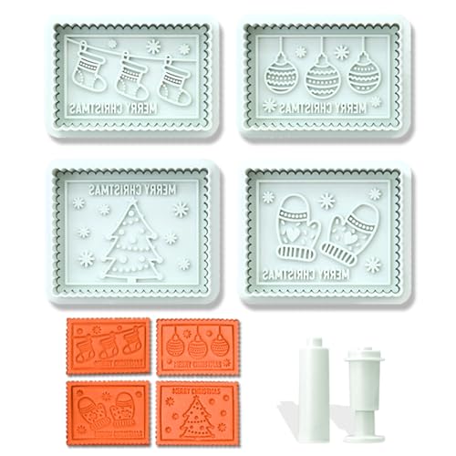 4 Piece 3D Merry Christmas Cookie Cutter and Stamp Set