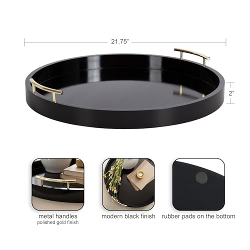 Lipton Modern Round Ottoman Tray; 22 Inch Diameter; Black and Gold; Decorative Circle Coffee Table Tray for Living Room Decor or Large Serving Tray