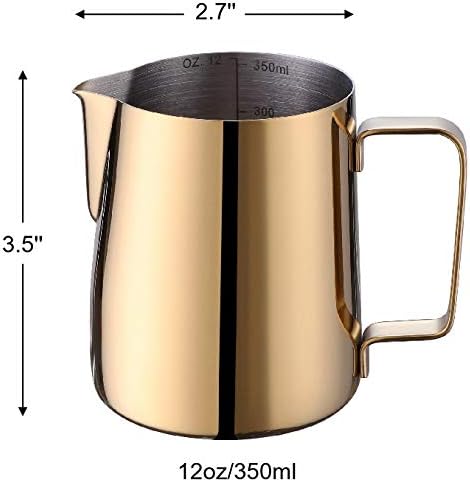 Milk Frothing Pitcher 12oz Stainless Steel Perfect for Latte Art,Espresso Maker,Cappuccino Maker-18/8 Stainless Steel Milk Frother 350ml Steaming Pitcher Golden