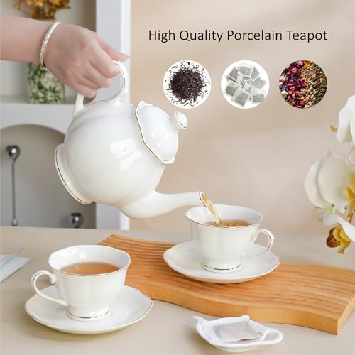 34oz White Porcelain Teapot with Gold Trim