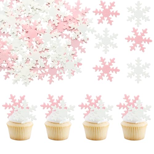 50Pcs Pink Edible Cupcake Cake Toppers Snowflake Cake Decorations for Christmas Winter Frozen Theme Party Supply Decoration Pink White (50 Count)