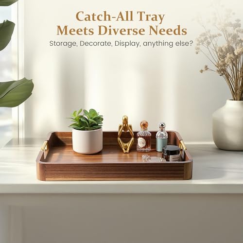 Acacia Wood Serving Tray with Gold Handles
