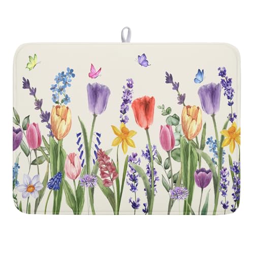 Spring Summer Floral Dish Drying Mat for Kitchen Counter 18x24 Inch Spring Flowers Dish Drainer Rack Mats Absorbent Kitchen Drying Mat Botanical Floral Drainer Rack Mats for Kitchen Countertop Decor