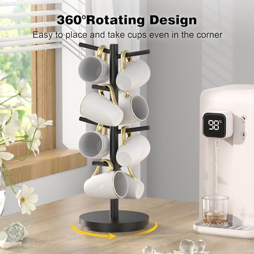 Coffee Mug Holder Tree Upgraded 360Rotated Cup Holder for Counter Black Wood Cup Tree Mug Rack Organizer Stand with 8 Hooks for Kitchen Coffee Bar Accessories