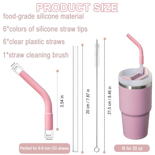 6 Pcs Reusable Silicone Straw Tips with Drinking Long Straws Compatible with Stanley 20 oz Cup Tumbler (12 Count)