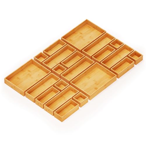 21 Piece Bamboo Drawer Organizer Storage Boxes Set