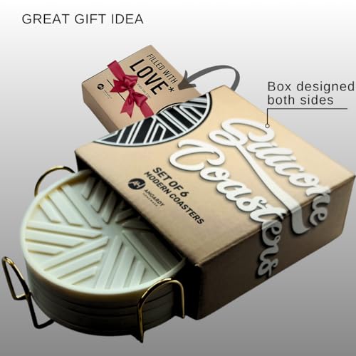 Silicone Coasters Set of 6 with Gold Holder and Modern smart Pattern